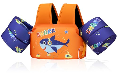 MoKo Kleinkind Schwimmflügel, Schwimmflügel 22-66 lbs Jungen und Mädchen Cartoon Schwimmen Wasser Flügel Pool Schwimmjacke Schultergurte Wasserflügel für Kinder, Orange-Blaues Headset Hai