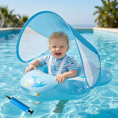 Olycism Baby Swimming Float with Canopy UPF50+ – Inflatable Swimming Ring for Toddlers 12 Months+, Includes Air Pump & 2 Patch Kits, Child-Friendly Materials for Water Floating and Swimming Exercises