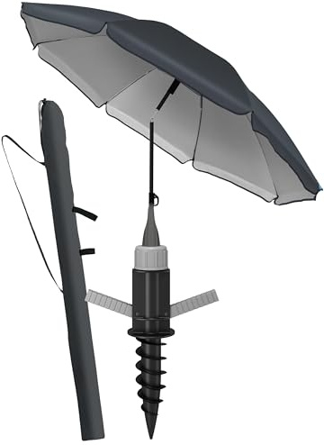 4smile Sonnenschirm Strand SunnyJoy 3-IN-1-SET, Fb. Anthrazit - Strandschirm Ø 180 cm + Bodenhülse + Schutzhülle - Strandschirm windfest stabil, Sonnenschirm mit UV-Schutz 50+