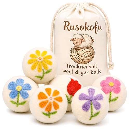 Rusokufo 6 Bolas De Secado De Lana XL con Bordado Floral Único Suavizante Natural Reutilizable Reduce Arrugas Y Tiempo De Secado Hipoalergénico