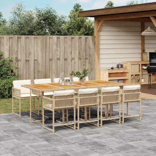 Hommdiy 9-TLG. Garten-Essgruppe mit Kissen Beige und Creme 8-Sitzer(Holz) Gartenmöbel Set Essgruppe mit Stühlen Garten Sitzgruppe Gartengarnitur Set