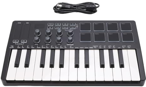 Hamwesh MIDI Keyboard Controller, 25 Force Sensing Keys 8 RGB Backlit Pads 8 Knobs 2 Touch Strips 25 Key MIDI Keyboard, Portable Controller with Wireless Connectivity 2000mAh