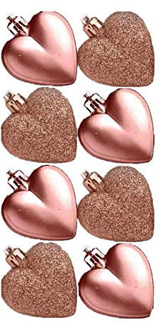 Toyland® Pack of 8-5cm Rose Gold Heart Baubles - Matte and Glitter- Christmas Tree Decorations