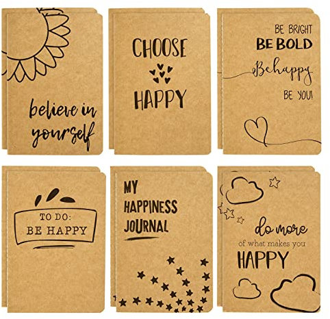 12 Pack Notebooks, A6 Kraft Paper Happy Journal for Kids, Teens, Students, 80 Lined Pages, 6 Designs (10x15cm)