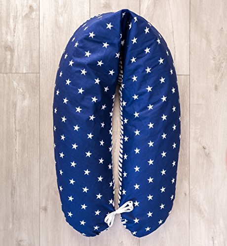 LOOLAY® Bezug für Stillkissen XXL Baby Lagerungskissen Seitenschläferkissen 170cm Muster: Sternchen dunkelblau/Streifenmuster dunkelblau