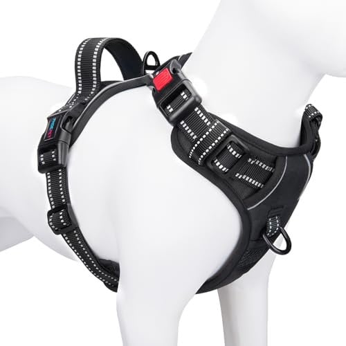 PHOEPET Hundegeschirre ohne Ziehen für kleine Hunde, reflektierende, verstellbare Front-Clip-Weste mit Griff, 2 Metallringe, 3 Schnallen [einfach an- und auszuziehen] (XL, Schwarz)