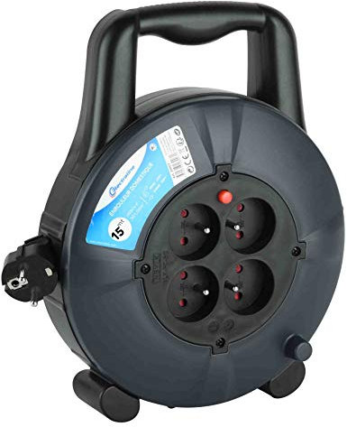 Electraline 28909 - Enrollador alargador doméstico, sección de cable 3G1 mm², 15 m, 4 tomas 16 A, color negro