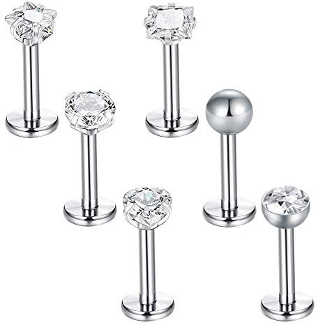 Briana Williams 6stk Lippenpiercing Labret Stecker Set 16G Chirurgenstahl 6/8/10mm Stab mit Zirkonia Piercing Tragus Helix Ohr Lippe Silber
