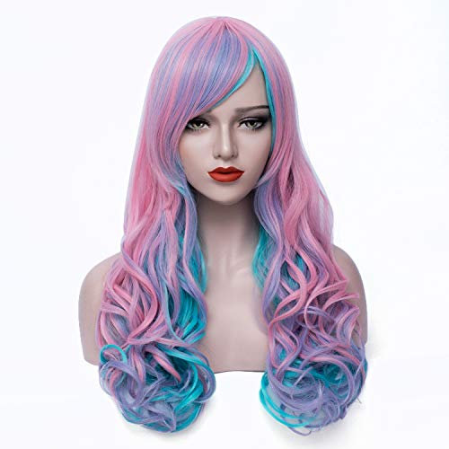 Perücke Damen Rosa Blau Lang Gewellt/Gelockt Locken Perücken für Frauen Kinder Cosplay Kostümparty Halloween Karneval Fasching Bunt Wig VD029
