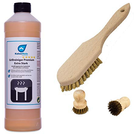 KaiserRein 1 L Grillreiniger und Backofenreiniger mit Grillbürste, spitze Form, und 2x Rundbürste als starker Fettlöser für Grill und Ofen I Grillrost Reiniger für Gasgrill I Backofen Reiniger