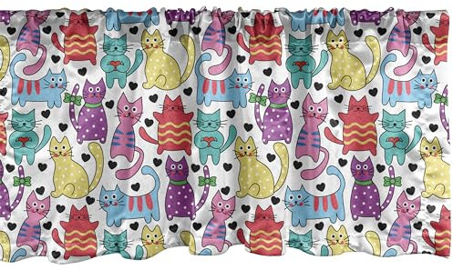 ABAKUHAUS Katze Fenster Volant, Buntes Romantisches Mascots, Vorhang Volant für Küche Schlafzimmer Dekor mit Stangentasche, 137 cm X 30 cm, Mehrfarbig