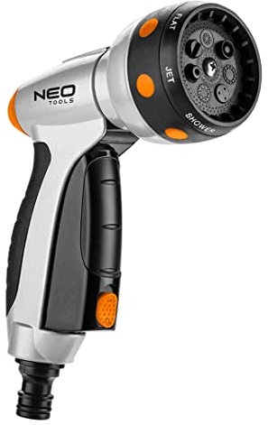 NEO TOOLS Gartenbrause, 7-Funktionen Handbrause - Multi Gartenspritze mit Auslösesperre und CLICK-Funktion, Ergonomischer Griff - Wasserspritze für Garten, Regulierung der Wasserstrahlstärke