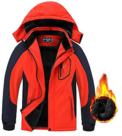 AFILOK Boy's Ski Jacket Waterproof Breathable Kids Fleece Lined Windproof Hooded Snowboard Coats (Orange, 10-12)