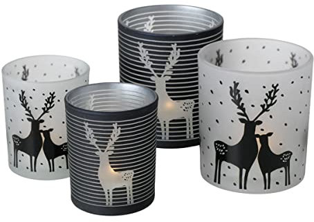 4er Set Windlichter Hirsche BLACKY nr257 Kerzenhalter Wald Hirsch Rehe schwarz Weiss grau matt Winter Weihnachten H10cm und 8cm Geschenk
