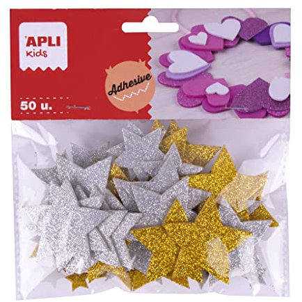 APLI Kids 18971 - Estrellas de goma EVA adhesivas de purpurina en color oro y plata - 50 estrellas de medidas surtidas para manualidades