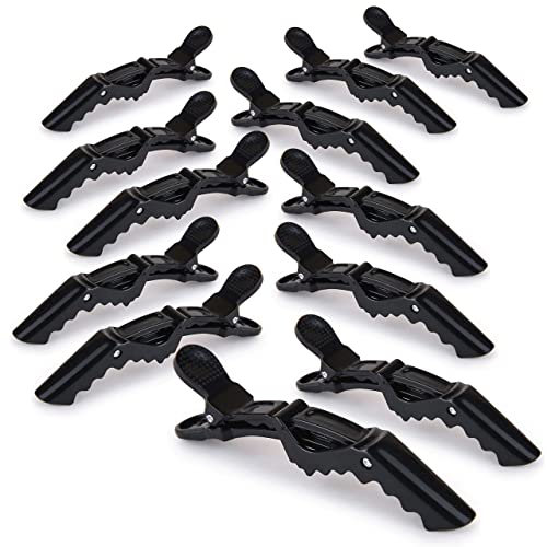 Lot de 12 pinces à cheveux professionnelles en plastique pour femme - Pinces crocodiles durables avec poignée antidérapante et grandes dents pour un coiffage facile - Épaisse/fine (Noir)