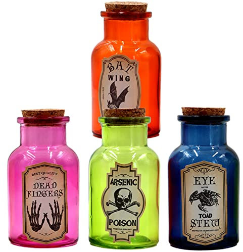 Cokaniy Halloween Glass Potion Bottle,4 Set of Apothecary Bottles with 8pcs Halloween labels Stickers,Colorful Glass Decorative Jar, Corked Bottle, Halloween Tiered Tray Decor Witchcraft Supplies