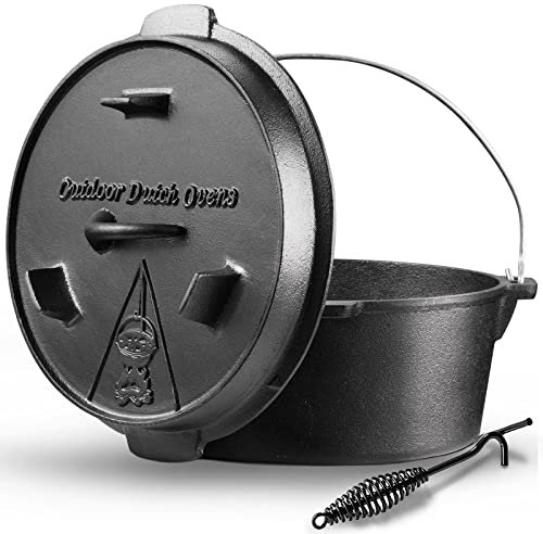 Camping Dutch Oven 9 Qt Pre-Seasoned Camping Kochgeschirr Topf mit Deckel – Deckelheber, Gusseisen Tiefer Topf mit Metallgriff für Camping, Kochen, Grillen, Backen, Lagerfeuer, modern, schwarz