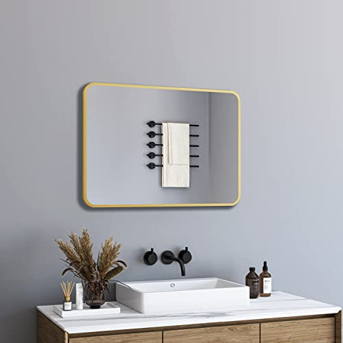 BD-Baode Badspiegel Spiegel Gold 40x60cm Abgerundete Ecken Spiegel Wandspiegel für Badezimmer Wohnzimmer Dekorative Morden Design mit Goldfarben Rand