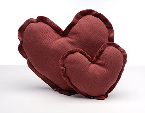 von Herzen Handmade Musselinkissen aus 100% Baumwolle Kuschelkissen I Dekokissen aus Musselin in Herzform I Herzkissen für Sofa & Bett I Handgenäht (Groß (Ø ca. 32cm), Rosenholz)