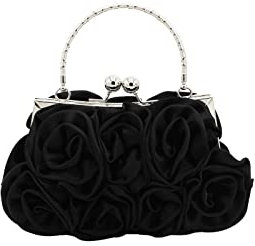 CORIOS Women Evening Bag Rose Shaped Clutch Bag Satin Handbag Small Shoulder Bag with Kiss Lock Bridal Wedding Purse Elegant Crossbody Bag for Party Weeding Cocktail Banquet Prom Black