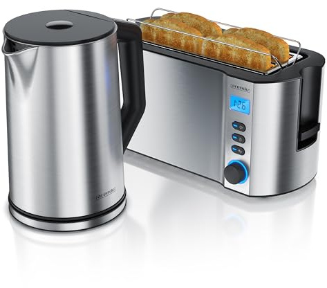 Arendo - Wasserkocher mit toaster SET Edelstahl Silber, Wasserkocher 1,5L, 40° - 100°C Warmhaltefunktion, Toaster 4 Scheiben, LED-Display, 6 Bräunungsgrade, Brötchaufsatz