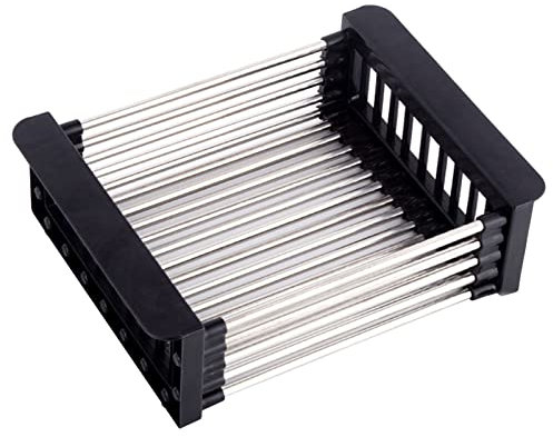 Olymajy Cesta de drenaje, escurridor de fregadero, Rejilla de drenaje telescópica de acero inoxidable con 1 tornillo, utilizada para lavar platos en el fregadero de la cocina, escurrir frutas(negro,L)