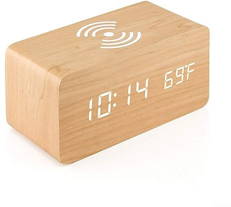 DAZZLEEX Smart LED Digital Wecker USB Holz Elektronischer Wecker Nachttisch Wireless Charging Digital Holz Uhr (Bambus)