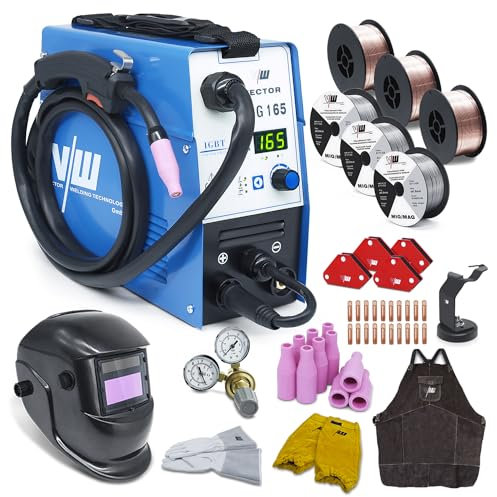 Saldatrice MIG MAG 165 A – con e senza gas – Filo di riempimento – Saldatrice a gas di protezione – Funzione di saldatura elettrodo da 160 Ampere – Avanzamento filo auto – Inverter – Set di