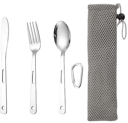 Lot de 3 couverts ultra légers en acier inoxydable 3 en 1 pour le camping et la randonnée, livré avec sac à cordon et mousqueton