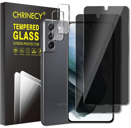 CHRINECY [4 Pack] 2 Pack Privacy Screen Protector for Samsung Galaxy S21 5G with 2 Pack Camera Lens Protector, 9H Hardness Tempered Glass Film, Anti Spy Anti Peeping