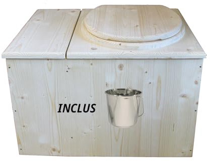 Toilette sèche avec bac à copeaux de bois intégré, Livré monté avec abattant bois et seau inox - Fabrication artisanale Française - N17