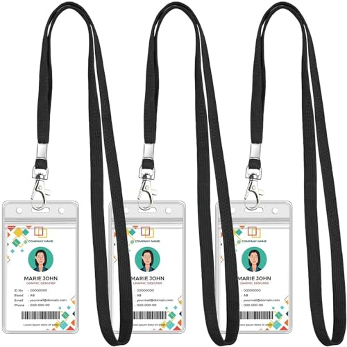 Koorito 3 Pack Clear ID Badge Holder with Lanyard Black Lanyards with Vertical Waterproof ID Badge Holder for Office, School, Travel