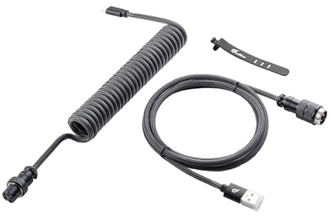 GUNMJO Pro Custom Coiled USB C Cable for Gaming Keyboard, Metal Aviator Mechanical Keyboard Cable with Right Straight Out Aluminum Aviator, 1.5M USB-C to USB-A, Carbon Black Color