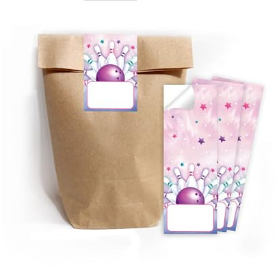 Minkocards 12 Geschenktüten (Natur) + 12 Aufkleber Bowling Kegeln Geschenktüten für Mitgebsel Gastgeschenk einpacken beim Kindergeburtstag Mädchen Mädchengeburtstag