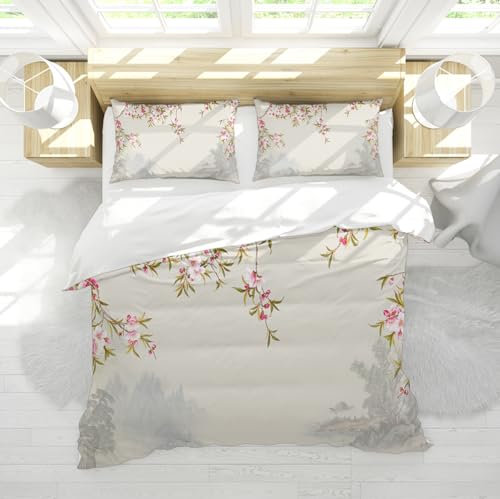 Tradicional Funda de Edredón Set 3 Piezas Rosa Flor de Durazno Lámpago Tinta Pintura de Paisaje Juego de Ropa de Cama de Dormitorio con 2 Almohadas 210 x 210 cm