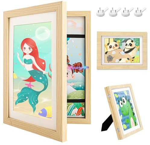 Gemtte Bilderrahmen Kinderzeichnungen A4, Kinder Kunstrahmen Frontöffnung, Holz Kinder Kunst Rahmen, Aufklappbar Kunstfotorahmen für Kunstprojekte, Schule, Zuhause