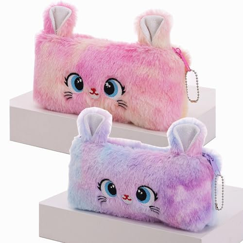 Lot de 2 Trousses à Crayons en Peluche BetterJonny - Jolie Trousse à Crayons Arc-en-Ciel Moelleuse pour Filles avec Motif de Chat Mignon Rose