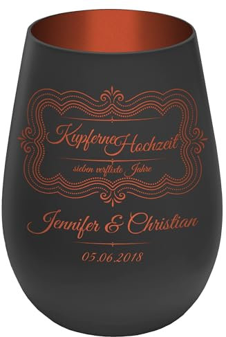 Windlicht mit Gravur ''7 Jahre Kupferne Hochzeit'' - Schwarz/Kupfer - Glas Teelichthalter personalisierbar mit Wunschtext - Geschenk zu Hochzeit Jahrestag Jubiläum