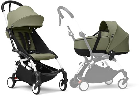 Stokke YOYO3 Kinderwagen mit Liegewanne - Enthält weißem Rahmen, YOYO 6 + Textilset (Olive) & Liegewanne (Olive)