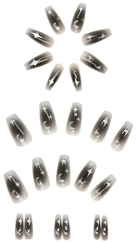 YOCDNOV Lot de 24 Faux Ongles - Gris Noir à Presser Longueur Moyenne Brillante - Blanc argenté Faux Ongles pour Femme et Fille Extensions d'ongles(Gris foncé)