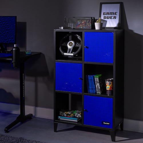 X-Rocker Mesh-Tek Tall 6 Cube Storage Unit, Bookcase Display Cabinet with 3 Cupboard Doors and 3 Shelves, Metal Sideboard Locker - Black & Blue