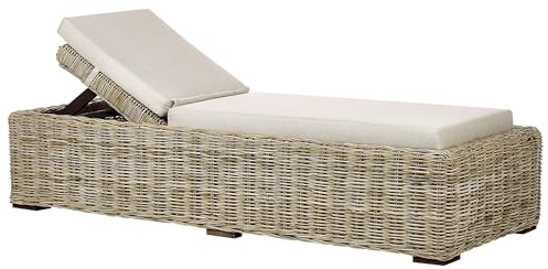 Beliani Gartenliege Rattan natürlich mit Auflage beige verstellbare Rückenlehne Palese