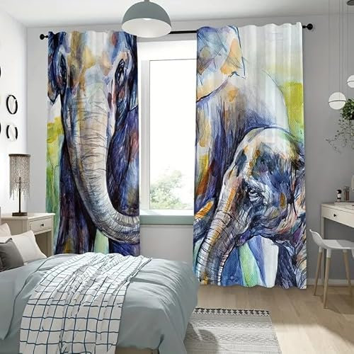 MLUNKQAIL Verdunklungsvorhänge Elefant Vorhänge Blickdicht Elefant Gardinen mit Ösen Wärmedämmvorhang Verdunklungsdekoschal Gardinen Wohnzimmer 2Er Set 50X140cm (BxH)