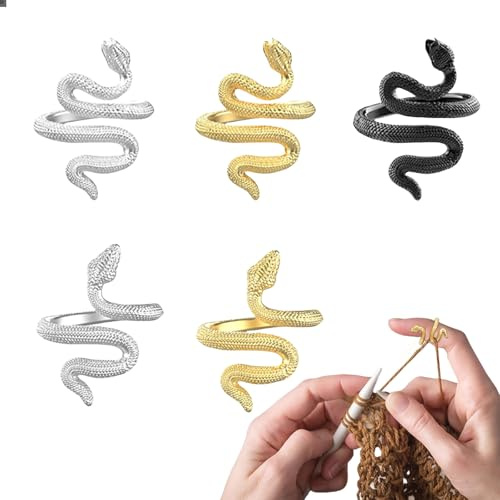 Kotkiddy Metall Häkelring 5 Stück Verstellbare Haken Strick Schlange Häkelschlaufe Zubehör Crochet Strickfingerhut Fadenführer Ring Fingerhalter DIY Strickhandwerk
