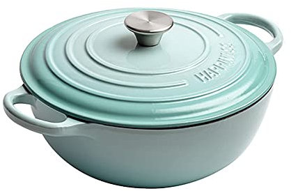 CRBUDY Cocotte Peu Profonde en Fonte antiadhésive – Marmite en Fonte avec Couvercle – Cocotte à Four Peu Profonde en Fonte émaillée avec Couvercle – Cocotte allant au Four Bleu