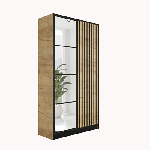 KIER FURNITURE Kleiderschrank mit Spiegel - Schrank Schlafzimmer - Garderobenschrank Flur Diele - Ausziehbare Kleiderstange - Eden v3 - BxHxT 104,8x205x39cm - 2 Türen - Craft Eiche