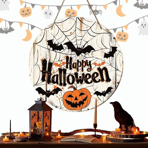 Cartel para puerta Happy Halloween - Cartel con calabaza de Halloween, cartel para puerta con telaraña | Robusta decoración para puerta con telaraña, cartel de pared, decoración para puerta de madera