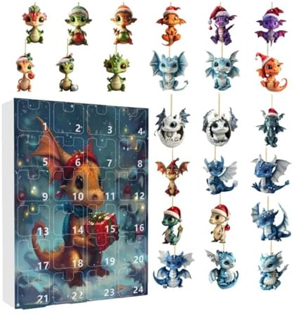 Dragon Ornament Adventskalender 2024-2D Acryl Drachen Anhänger, 2024 Urlaub Adventskalender Anhänger Niedliche Drachen Ornamente Set für Mädchen