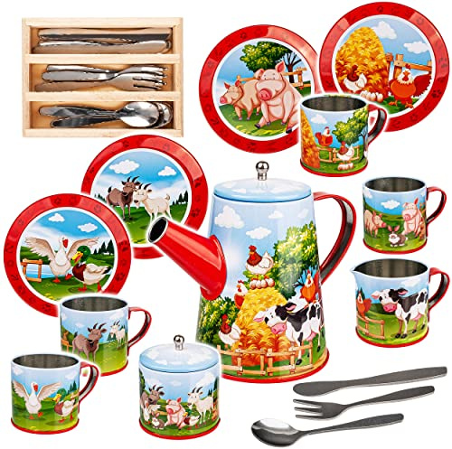 alles-meine.de GmbH 26 TLG. Set Puppengeschirr/Teeservice & Kaffeeservice + Besteck - Bauernhof Tiere - Geschirr aus Blech - Metall - Blechgeschirr - Kinderküche - Picknickse..
